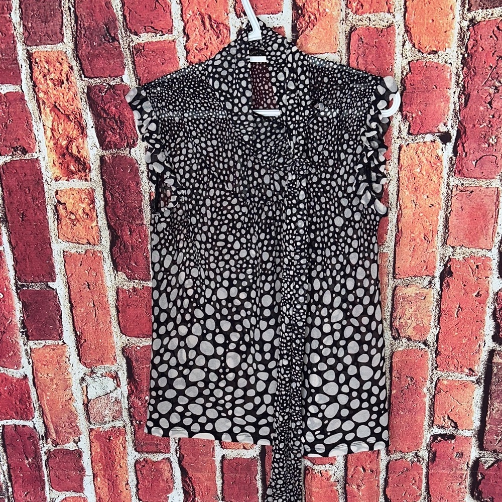 MANGO Suit Black and White Polka Dot Sleeveless Blouse, Size medium